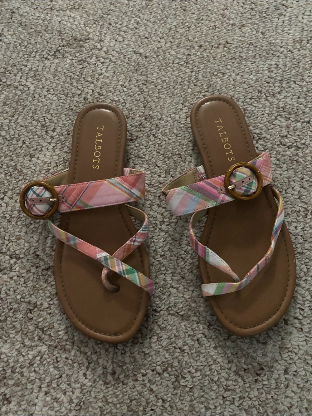 Talbots Pastel Plaid Buckle Slide Sandals